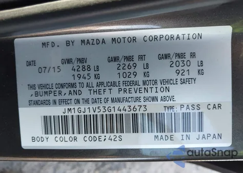 2016 Mazda Mazda6 I Touring z USA, uszkodzony, nr VIN JM1GJ1V53G1443673